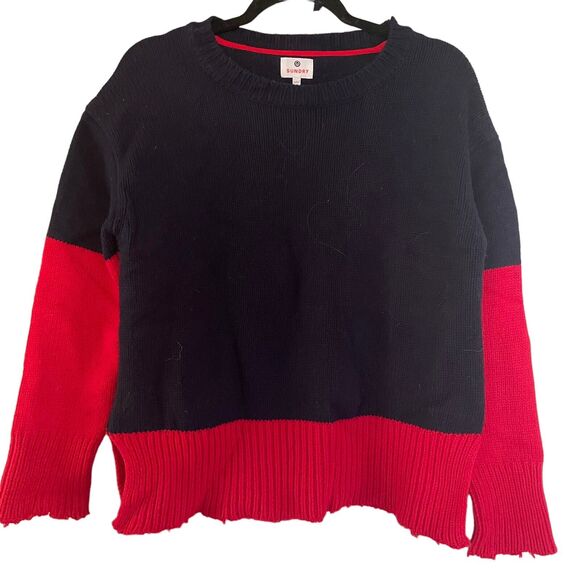 Sundry Navy Blue Red Crew Sweater Sz M Plus D'amour Spellout Wool Blend Boxy - Picture 1 of 11
